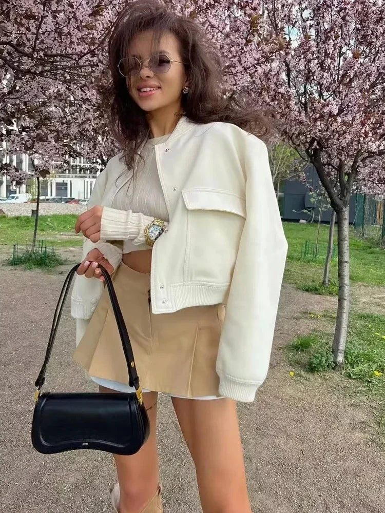 White Cropped Bomber Jacket with Button-Up Closure