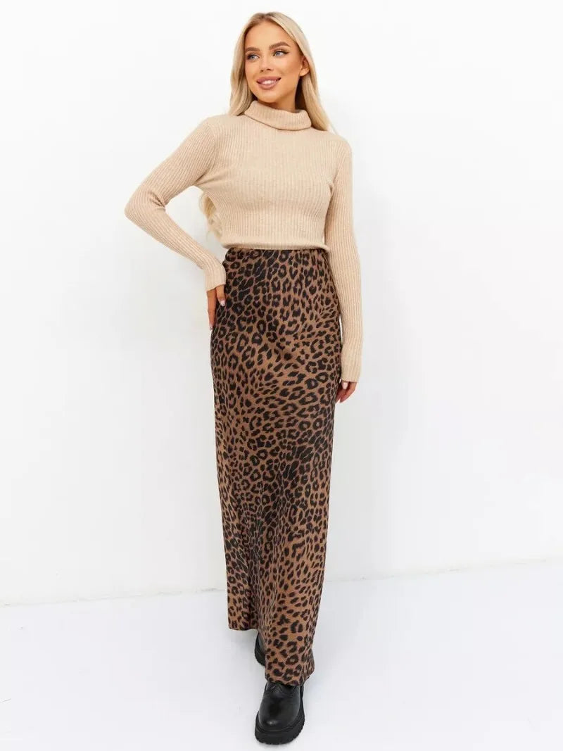 Satin Leopard Print Long Skirt