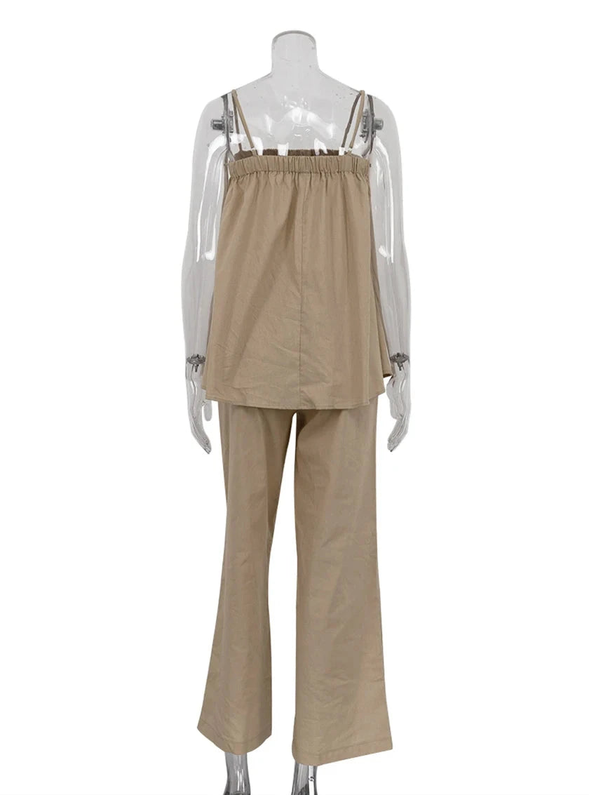 Casual Loose Khaki Sleeveless Tank Top and High-Waist Wide-Leg Pants Set