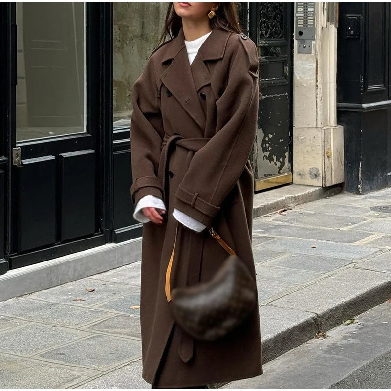 Elegant Woolen Overcoat With Belt Double Breasted Coat