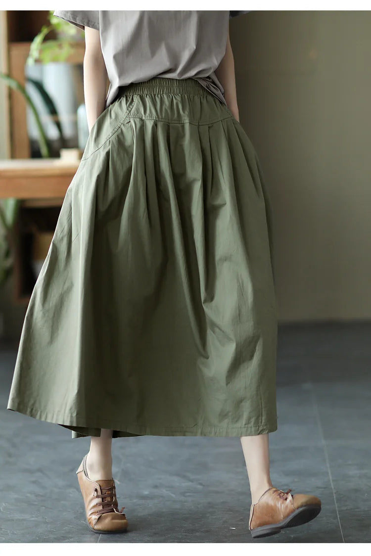 Khaki A-Line Elastic Waist Long Skirt - Vintage Streetwear