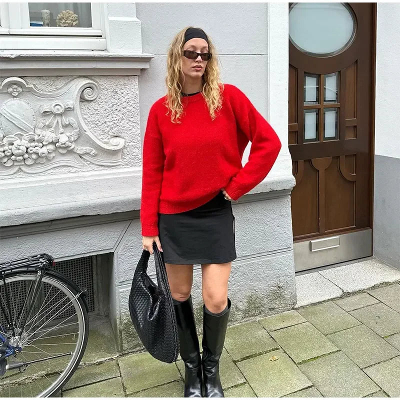 Chic Red O-Neck Pullover Sweater