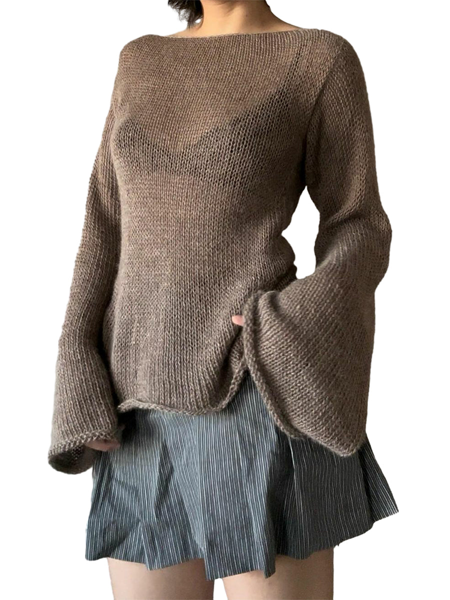 Tie-Back Long Sleeve Boat Neck Knit Sweater