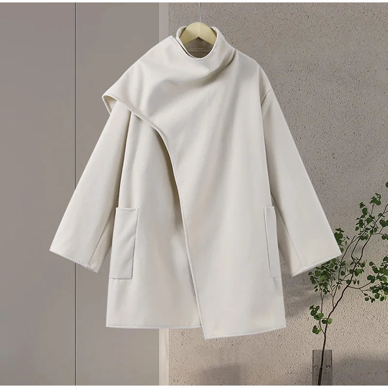 Elegant Scarf Collar Woolen Overcoat