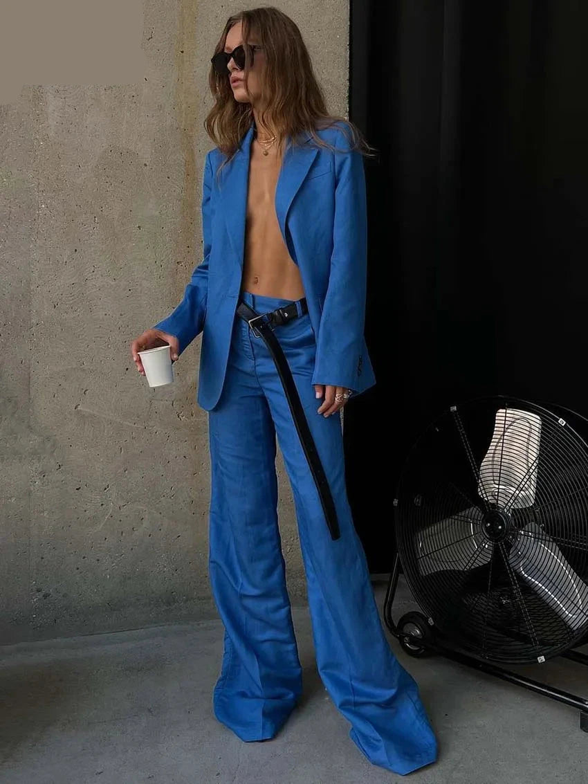 Blue Cotton Single-Button Shirt and Wide-Leg Pants Set