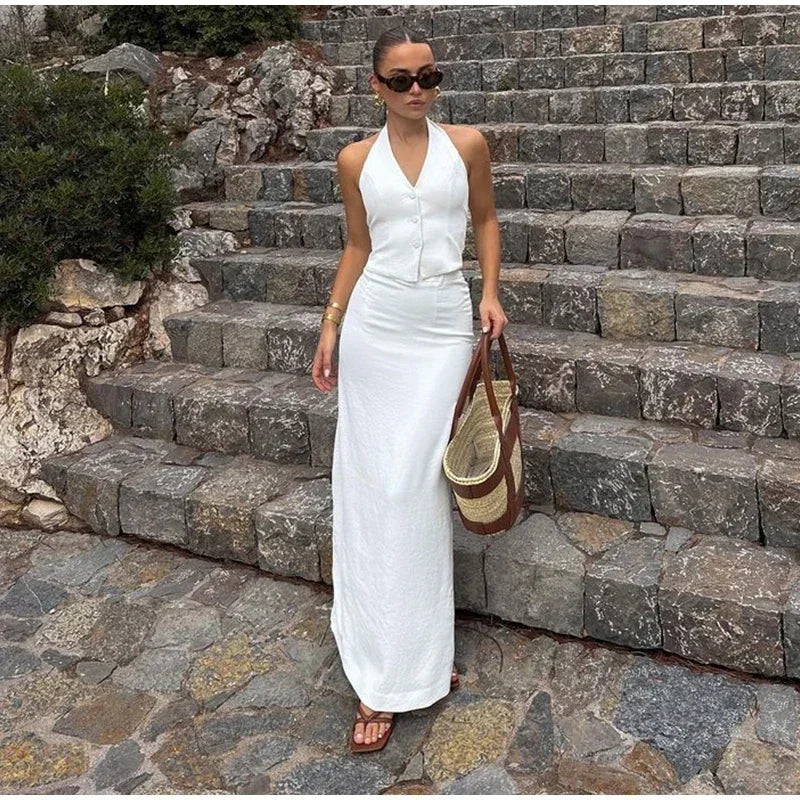 2 Piece Single Breasted Backless Bandage Vest + Split Long Skirt