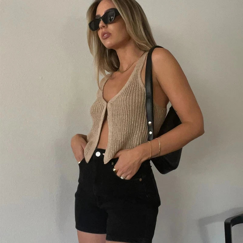 V-Neck Knitted Crop Tank Top