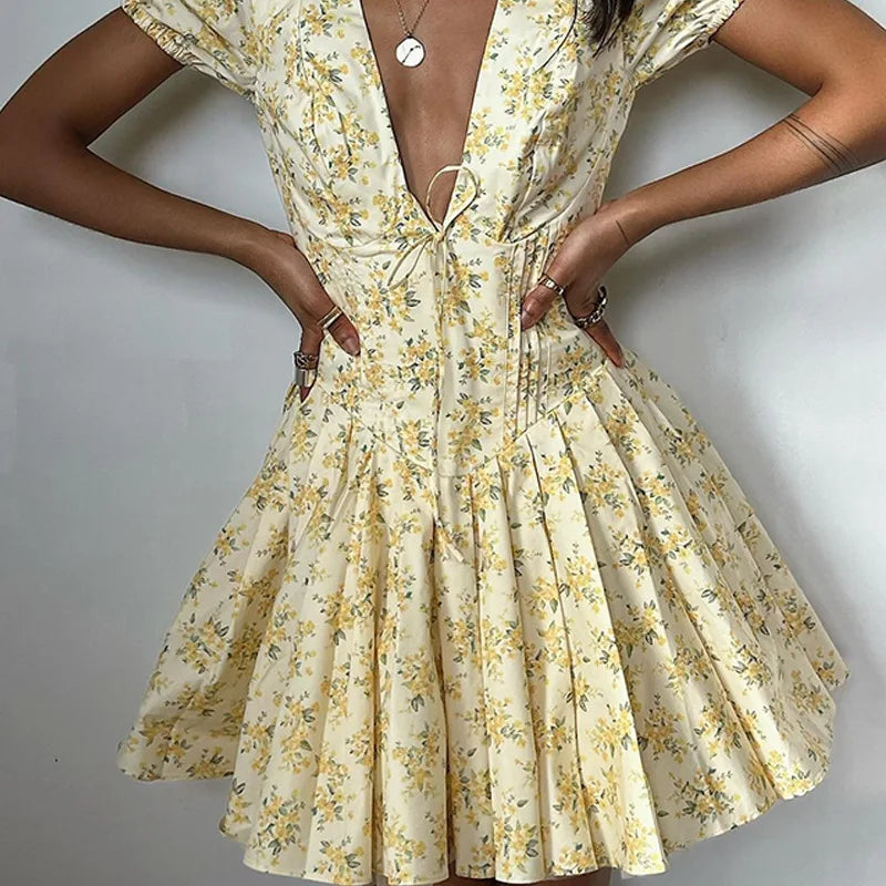 Yellow Floral Puff Sleeve V-Neck A-Line Dress