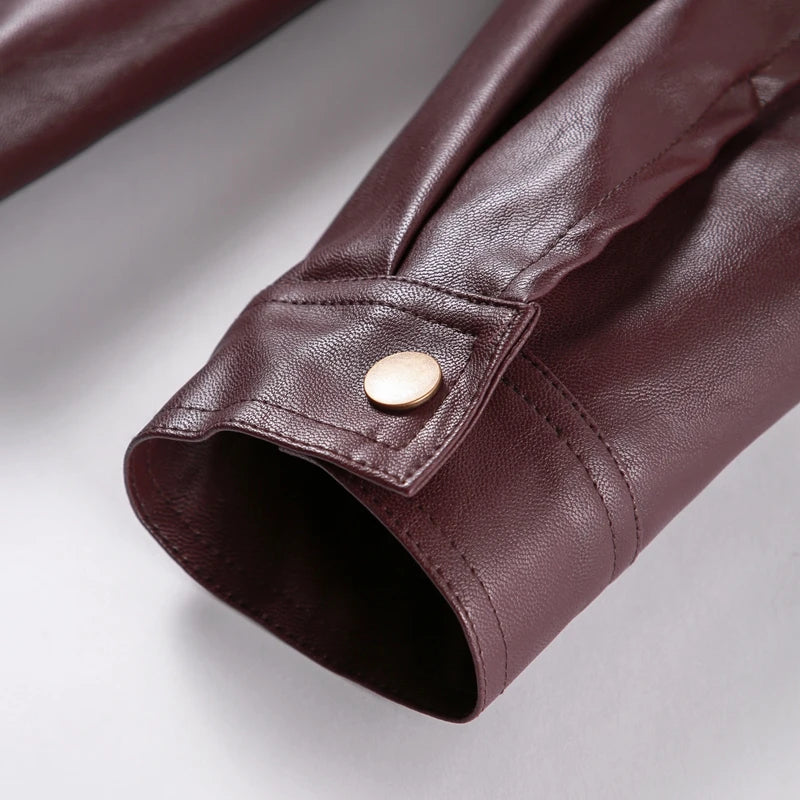 Wine Red Leather Zipper Motorcycle Jacket