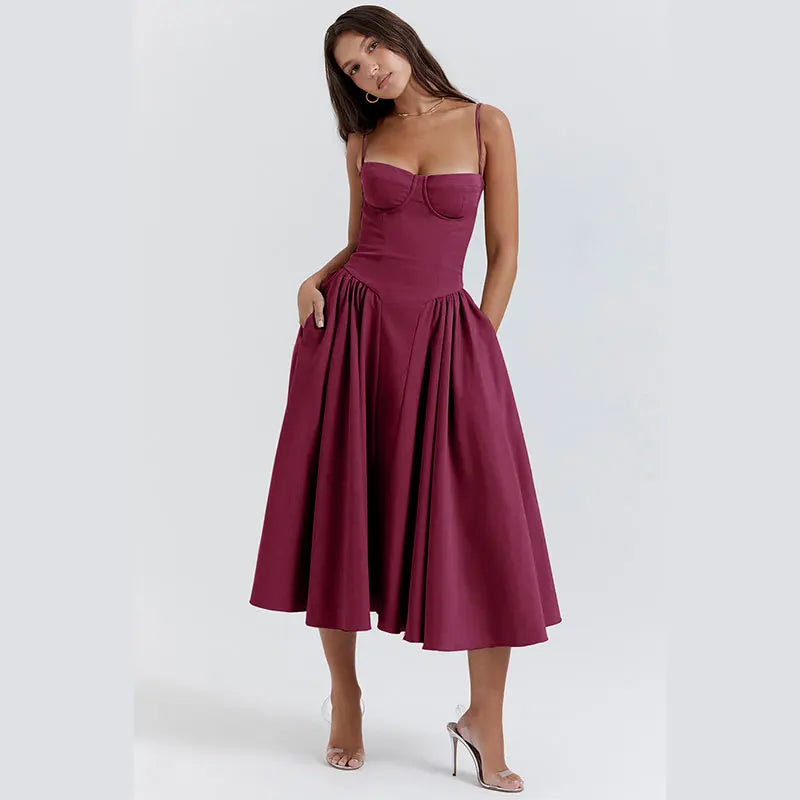 Solid Pleated Hem Sleeveless Midi Dress