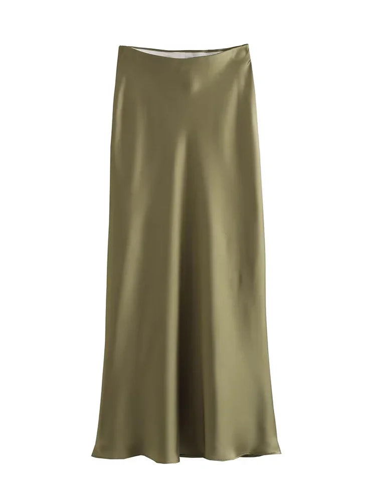 Satin Solid Pleated Vintage Midi Skirt