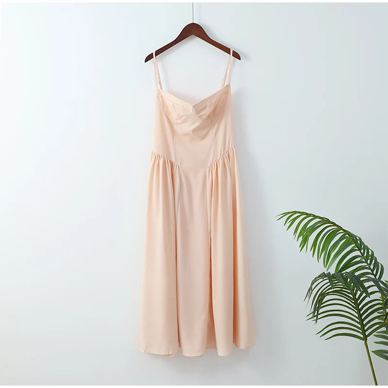 Solid Pleated Hem Sleeveless Midi Dress