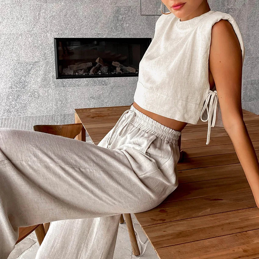 Linen Lace-Up Crop Top and Loose Pants Sleepwear Set