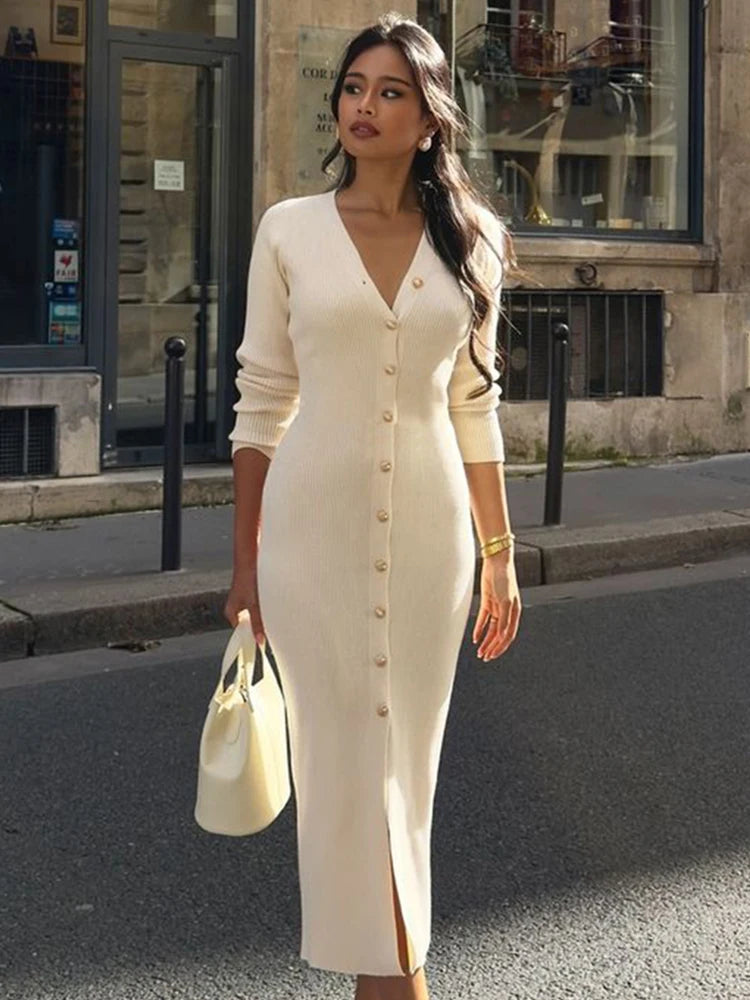 Elegant Evening V Neck Knit Dress