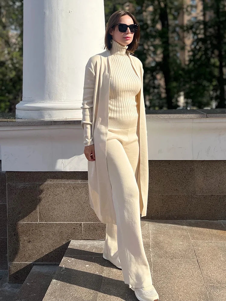 3-Piece Knitted Set - Turtleneck Vest, Long Cardigan, and Pants