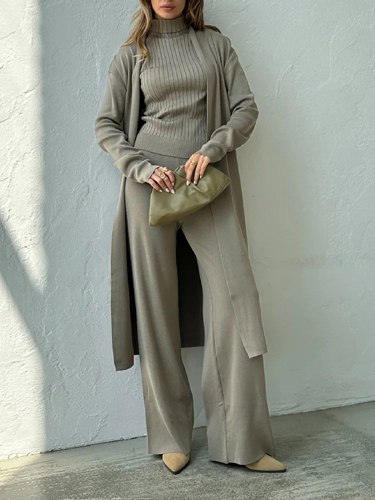 3-Piece Knitted Set - Turtleneck Vest, Long Cardigan, and Pants