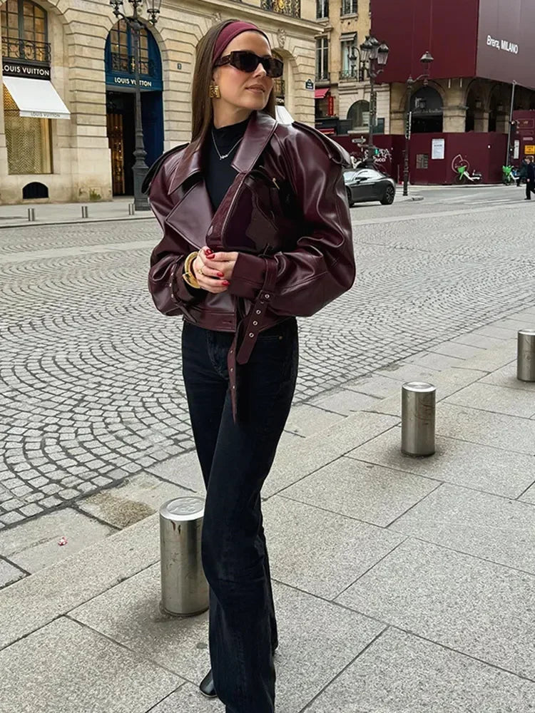 Cherry Red Cropped Leather Jacket with Lapel