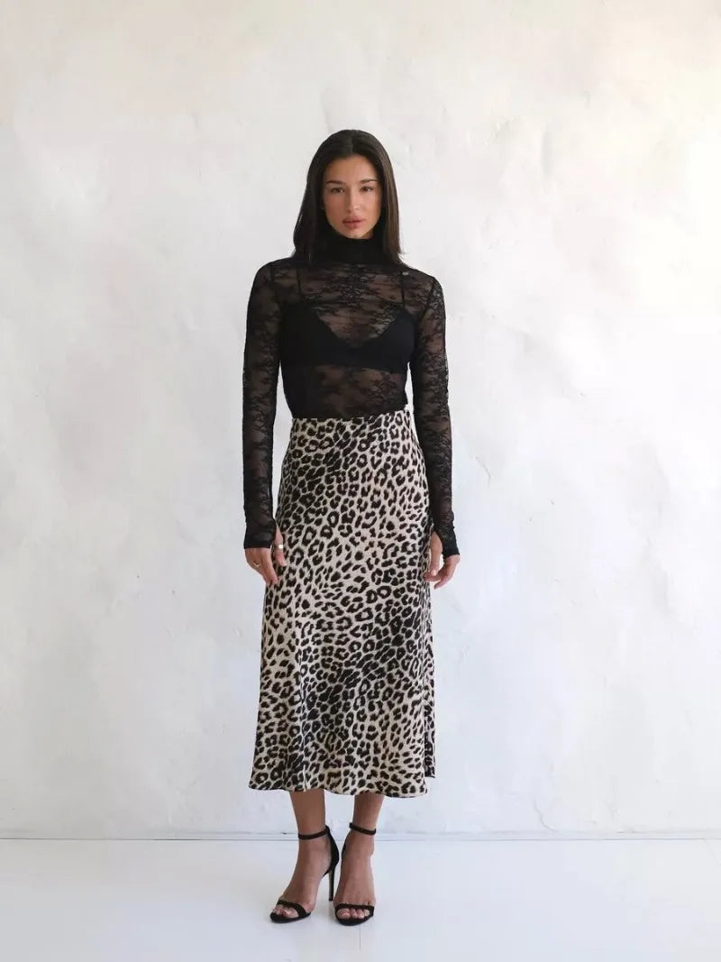 Satin Leopard Print Long Skirt