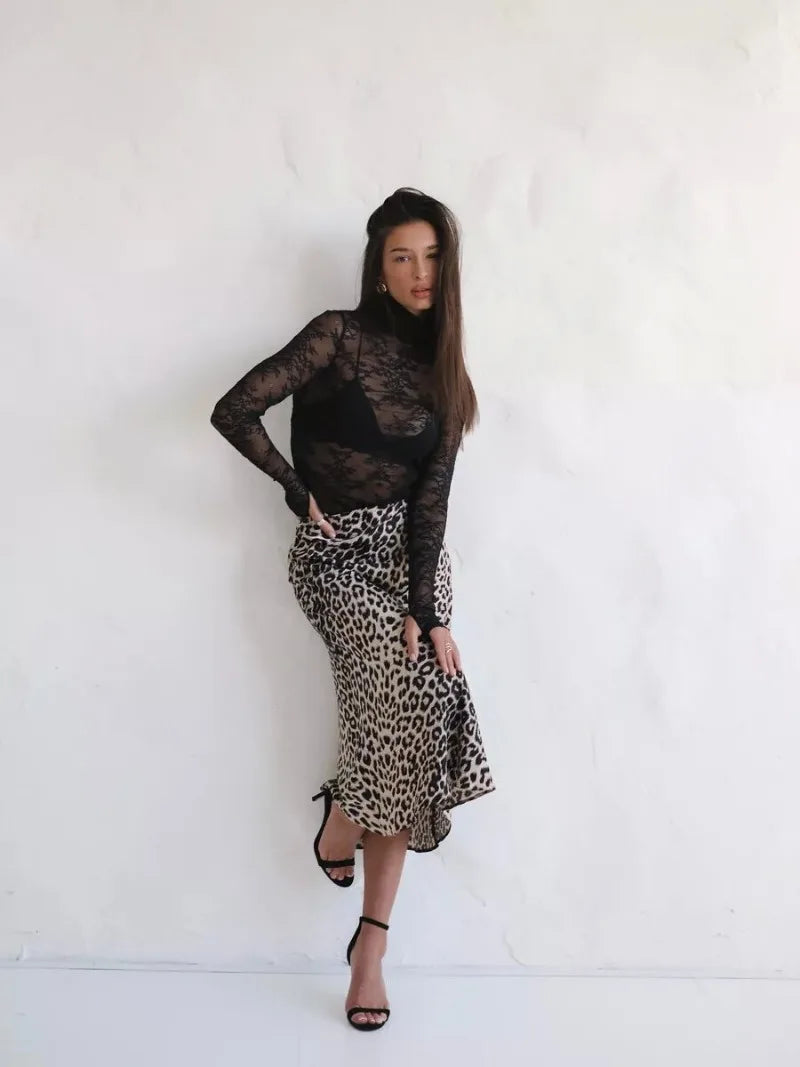 Satin Leopard Print Long Skirt