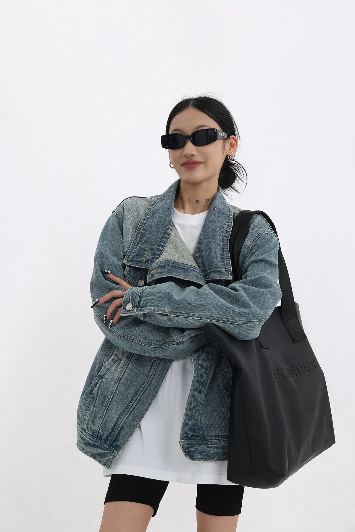 Turtleneck Single-Breasted Patchwork Denim Coat