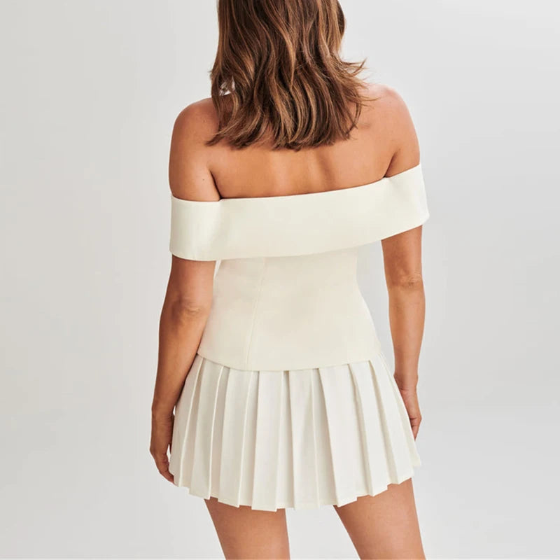 2 Piece Off Shoulder Top And Pleated Mini Skirt