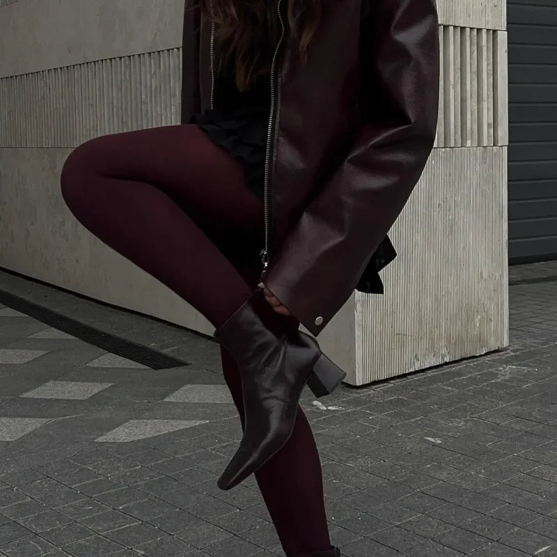 Cherry Red Cropped Leather Jacket with Lapel