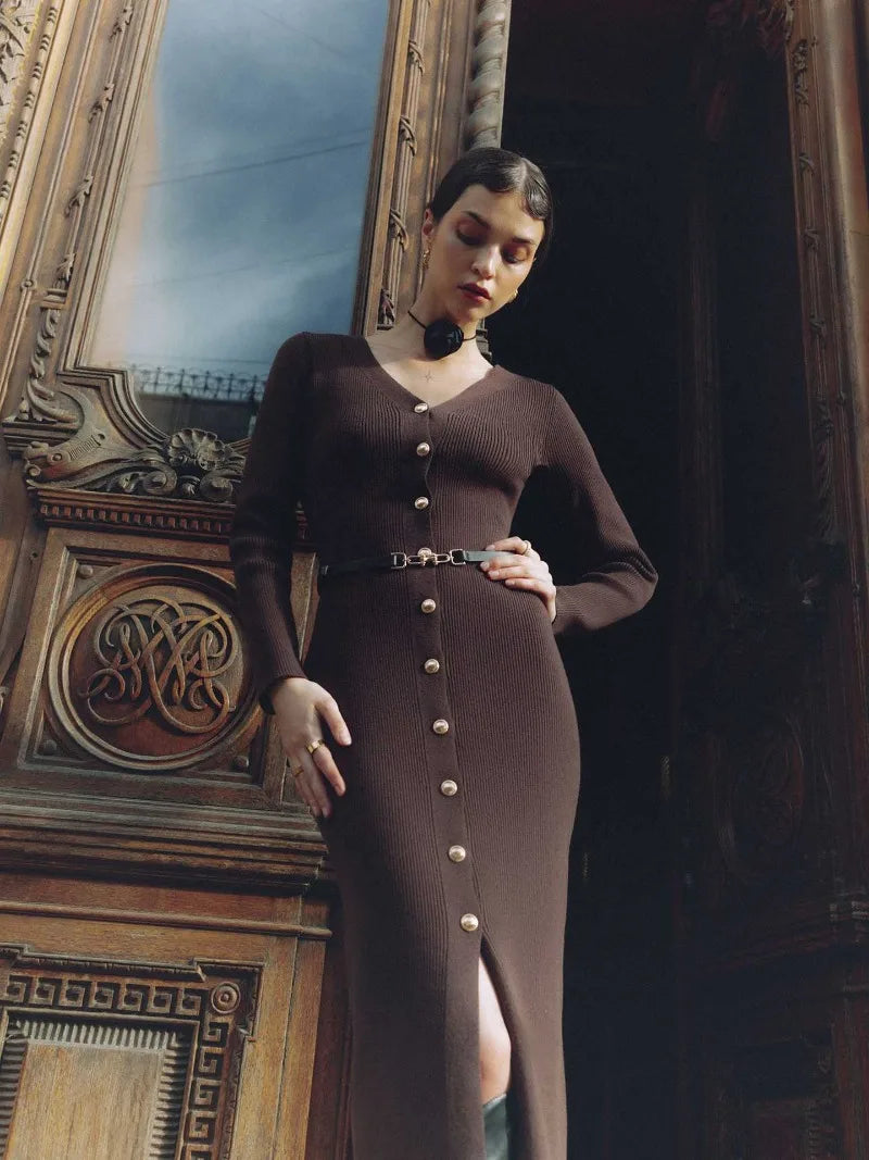 Elegant Evening V Neck Knit Dress