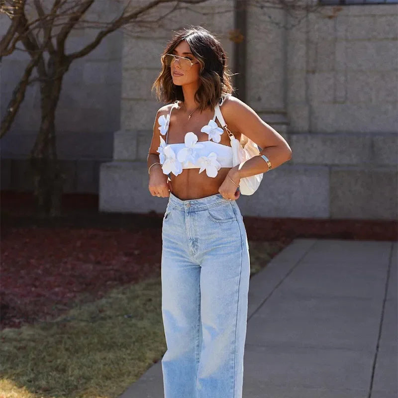 3D Floral Backless Cropped Sling Top