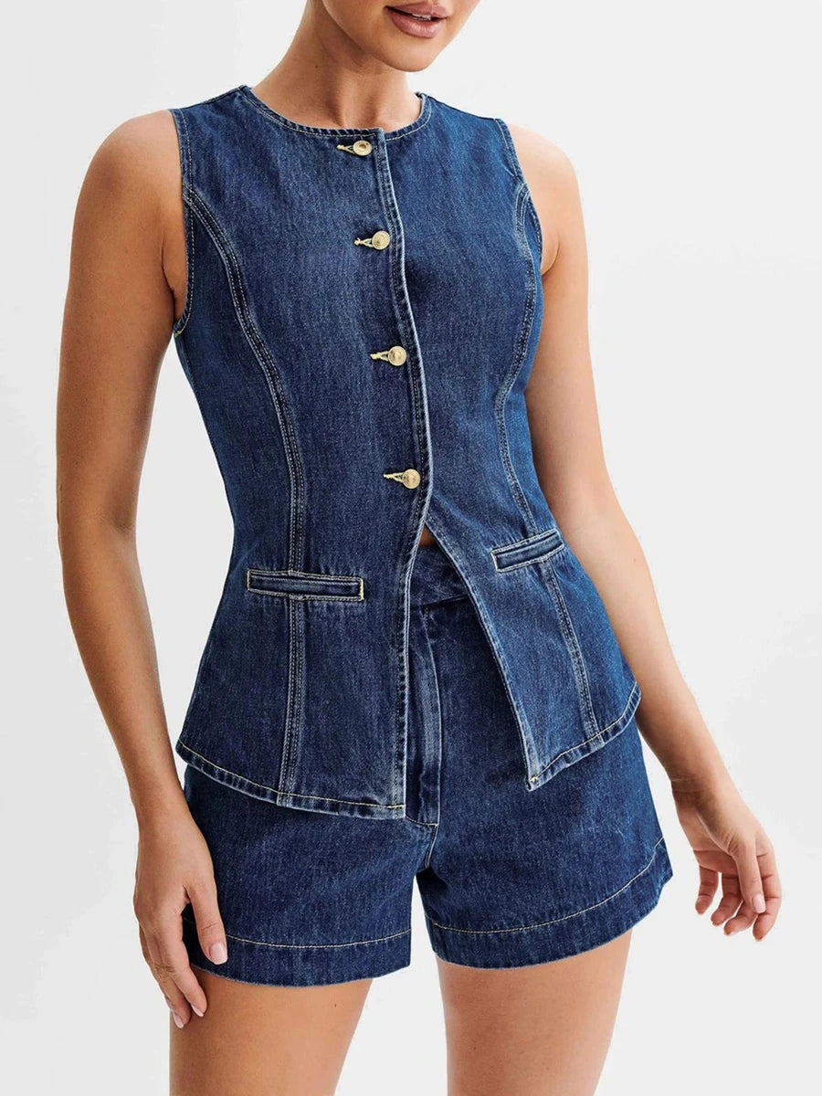 Vintage Denim Long Vest - Button-Up Sleeveless Slim Fit Waistcoat