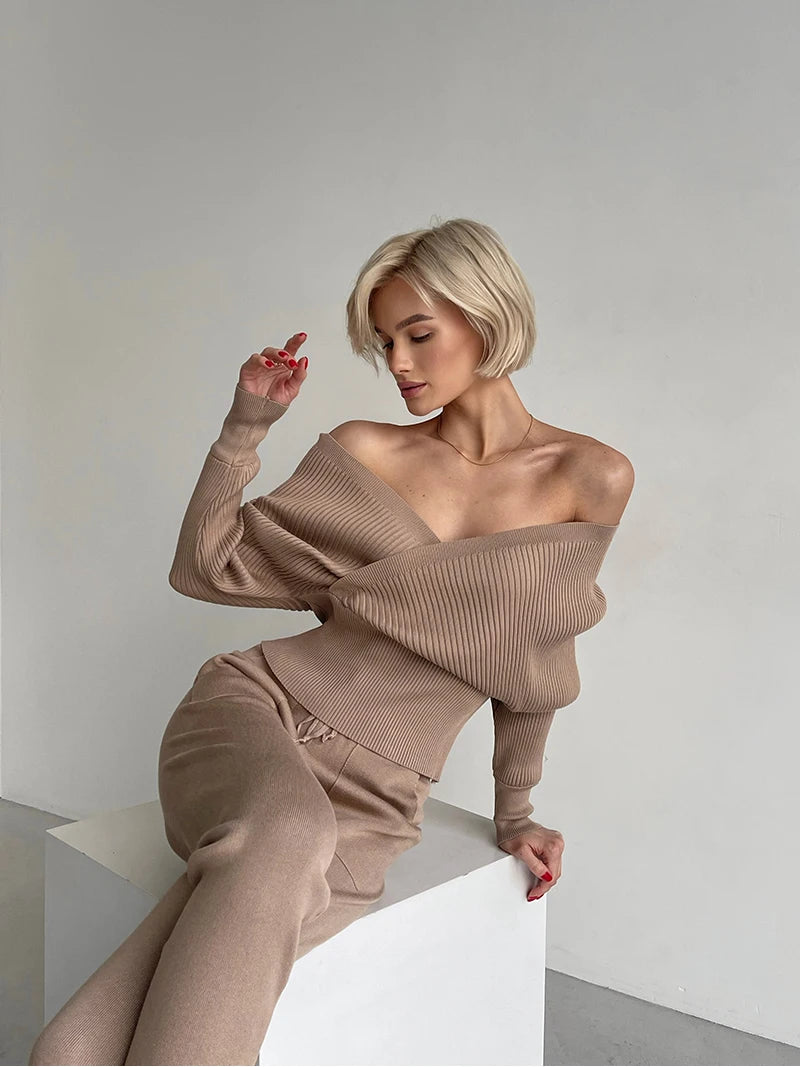 Off Shoulder Knitted Two Piece Set