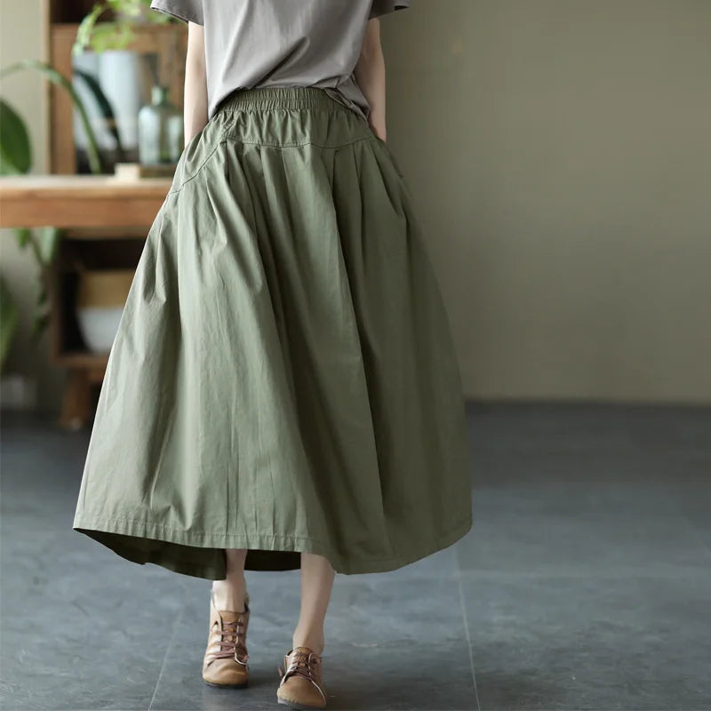 Khaki A-Line Elastic Waist Long Skirt - Vintage Streetwear