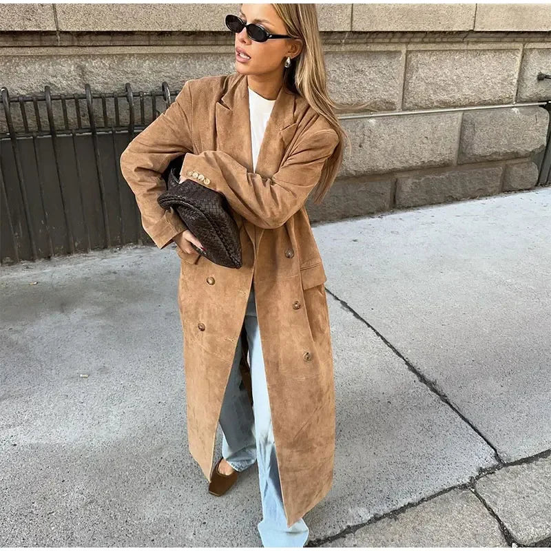 Suede Lapel Oversized Windbreaker Trench Coat