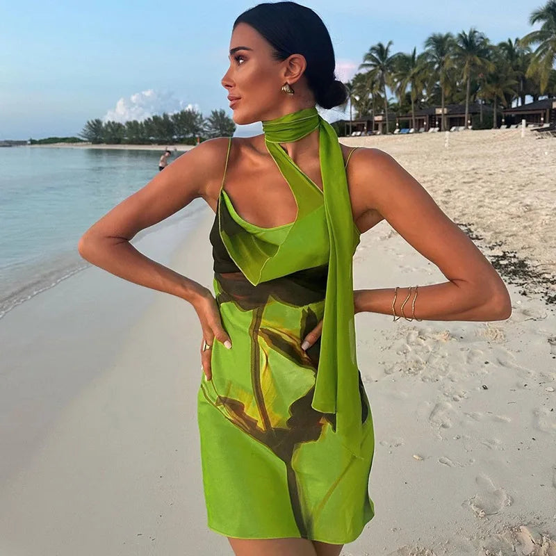 Green Print Bandage Bodycon Slip Dress