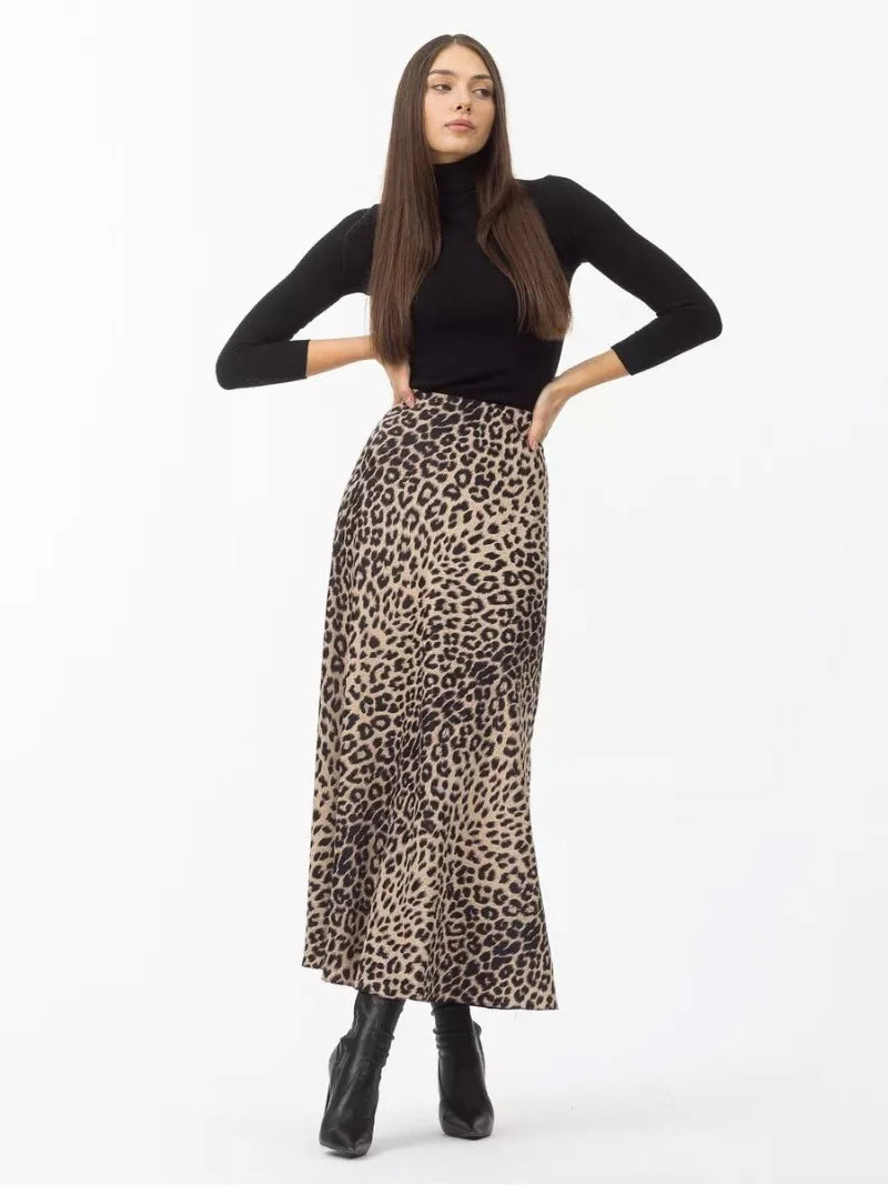 Satin Leopard Print Long Skirt