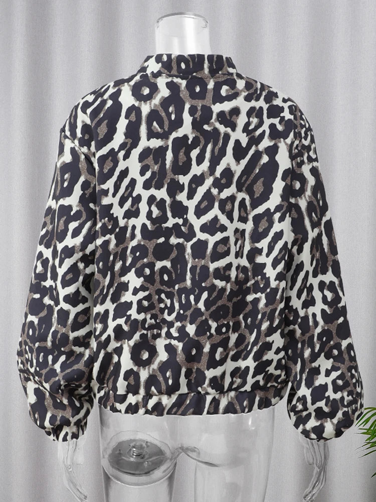 Retro Leopard Print O-Neck Zipper Jacket