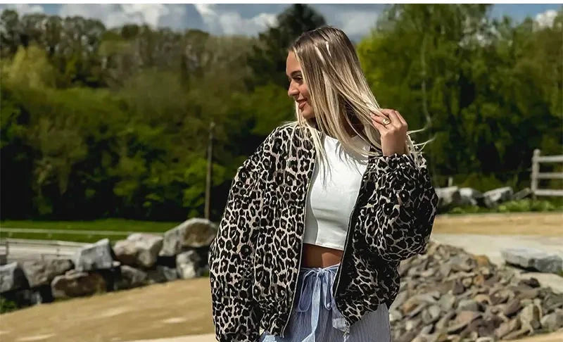 Retro Leopard Print O-Neck Zipper Jacket