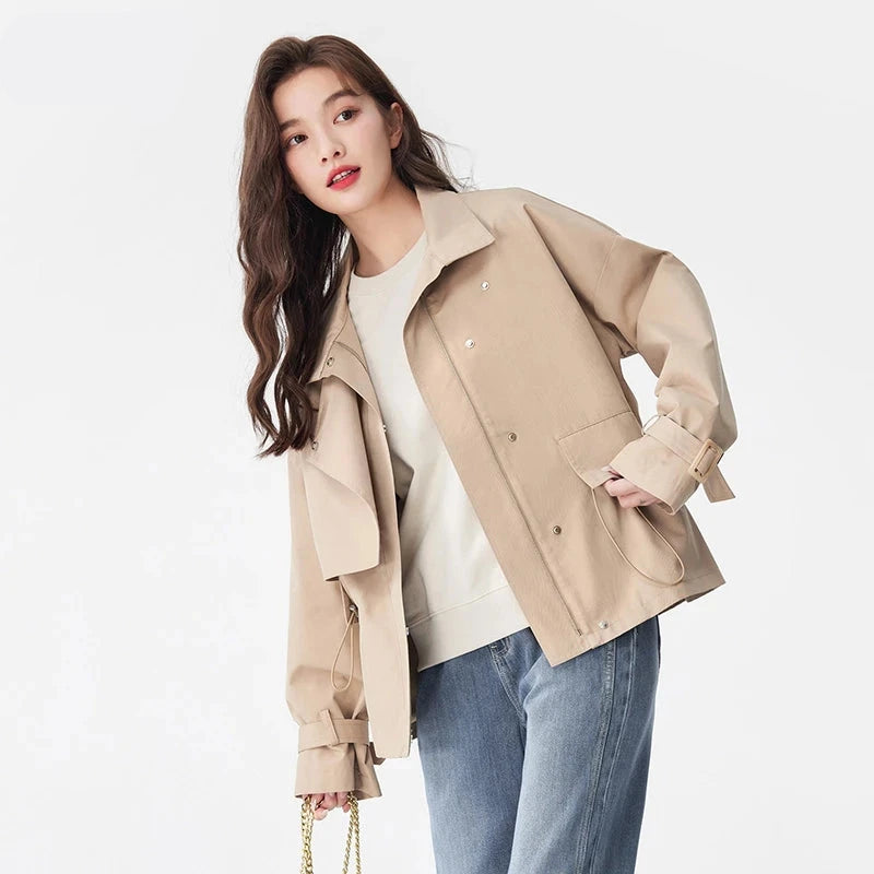 Solid Color Loose Waist-Tie Windbreaker Coat