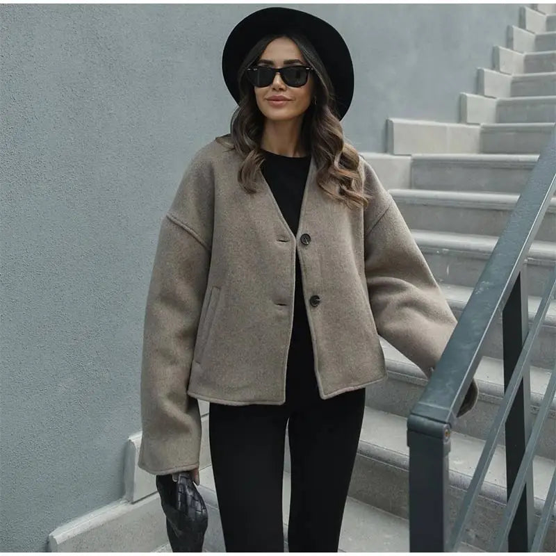 V-Neck Single-Breasted Short Coat with Pockets