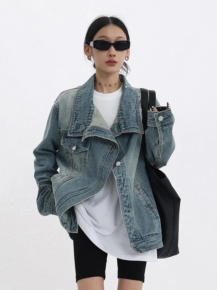 Turtleneck Single-Breasted Patchwork Denim Coat