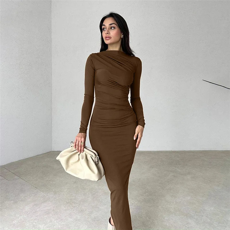 Elegant Ruched Long Bodycon Dress - Club Party Outfit