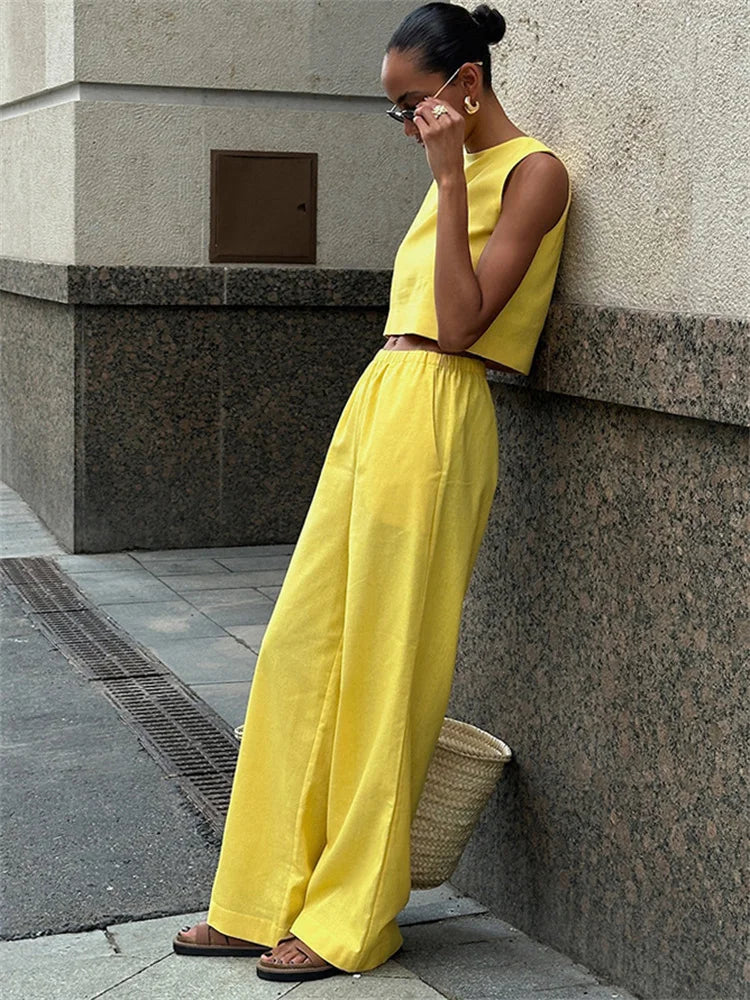 Sleeveless Cropped Vest and Wide-Leg Trousers Set