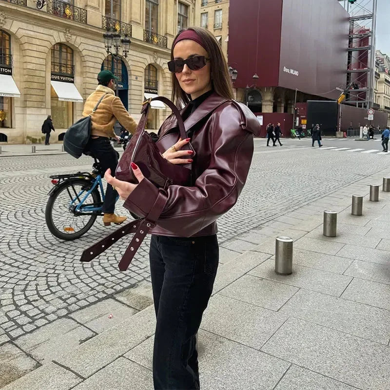 Cherry Red Cropped Leather Jacket with Lapel