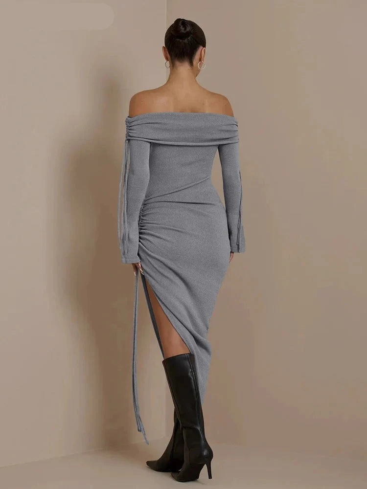 Drawstring Irregular Slash Neck Bare Shoulder Dress