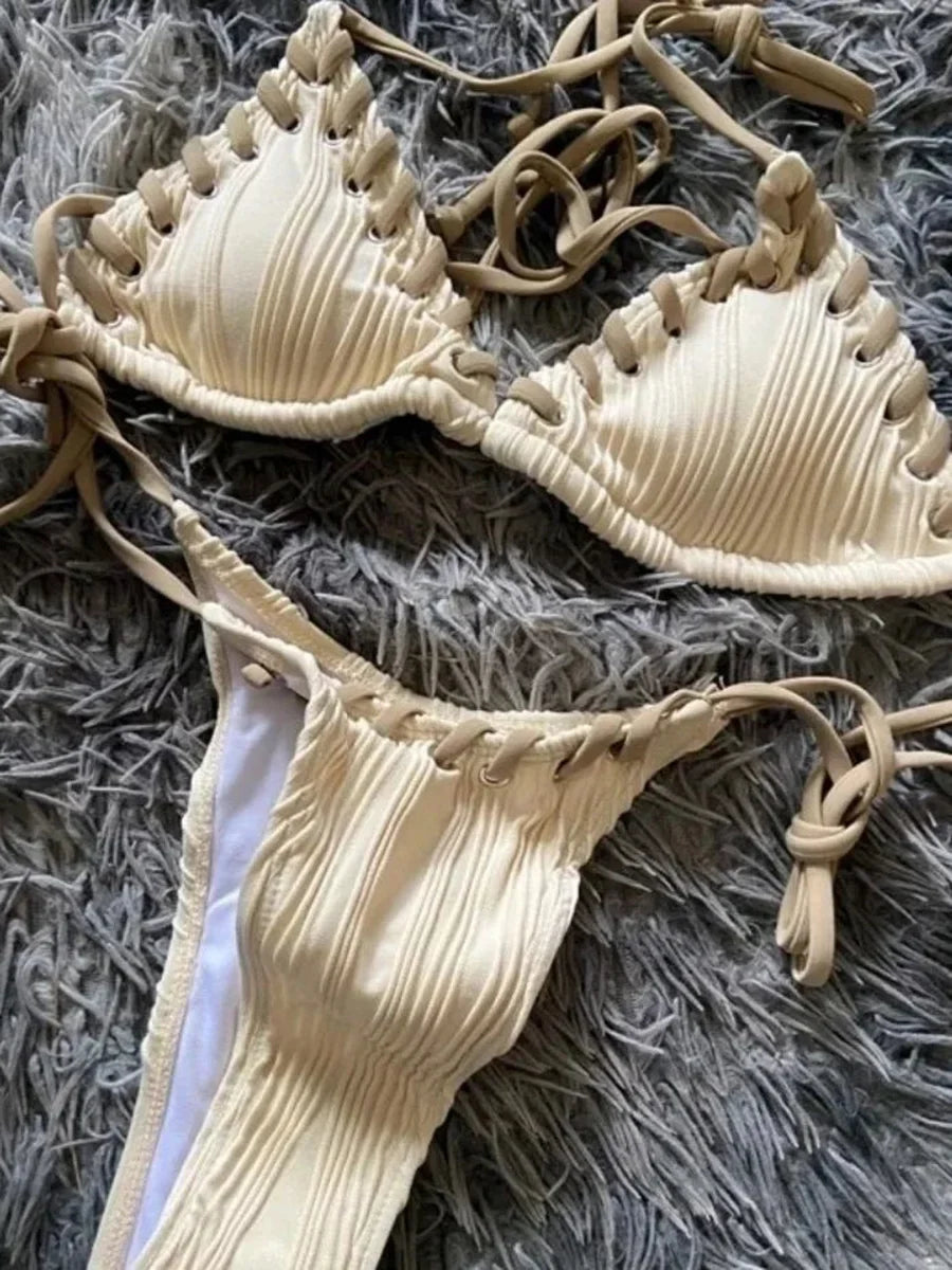 Two Piece Wrinkled Weave Brazilian Bikini Set