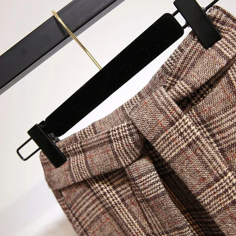 Vintage Woolen Elastic Plaid Skirt