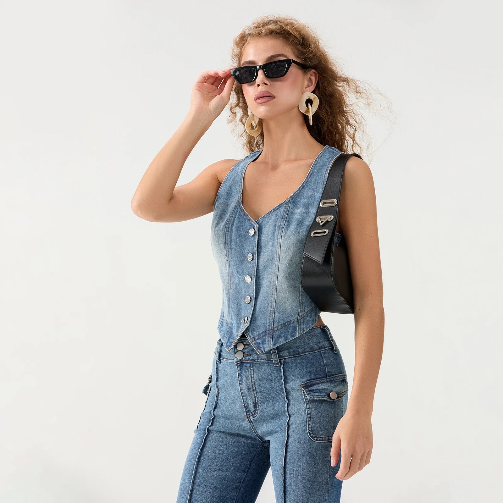 Sleeveless Denim V-Neck Button-Down Vest