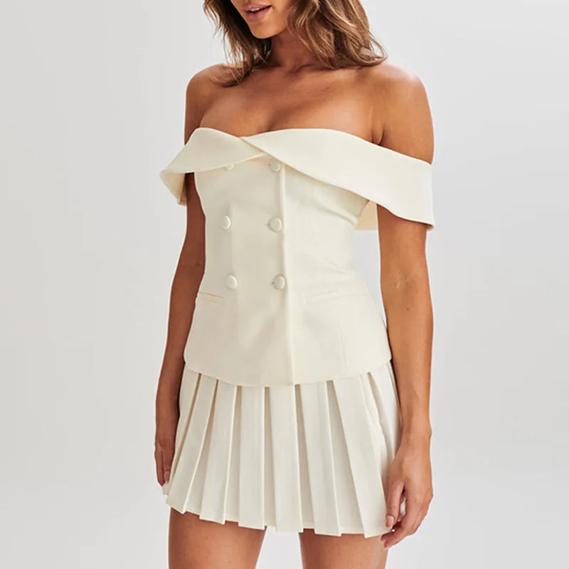 2 Piece Off Shoulder Top And Pleated Mini Skirt