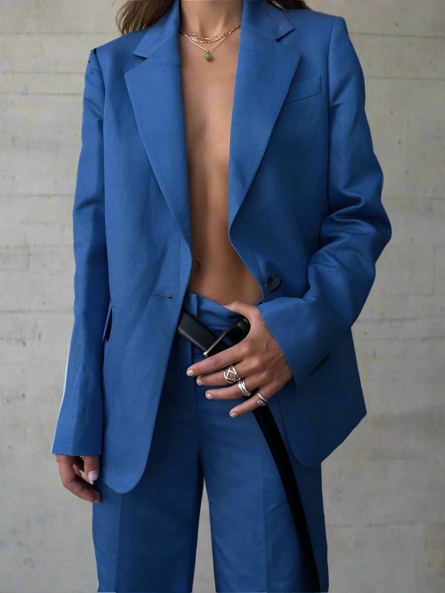 Blue Cotton Single-Button Shirt and Wide-Leg Pants Set