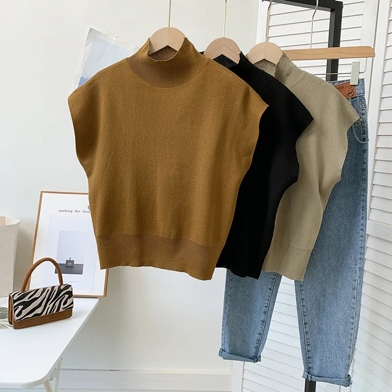 Solid Stand-up Collar Knitted Sweater