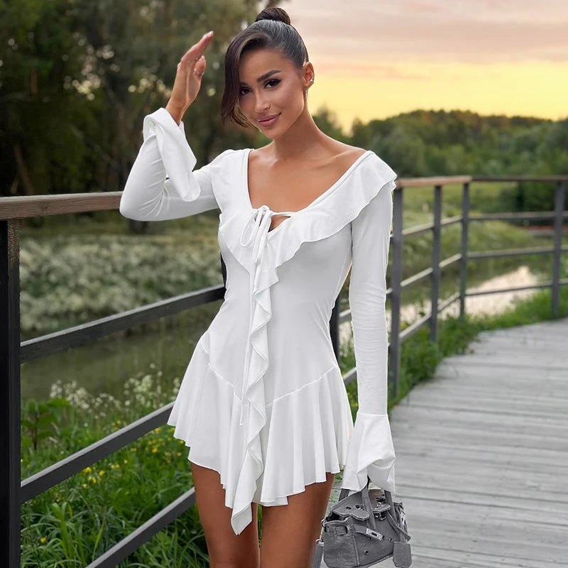 Deep V-Neck Flare Sleeve Pleated Mini Dress